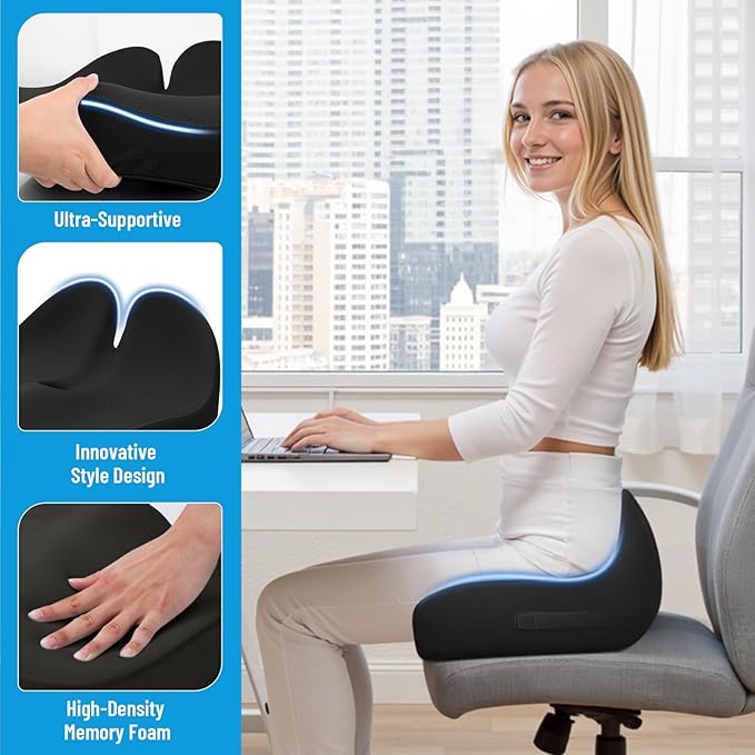 Seat Cushion, Memory Foam Office Chair Cushions, Ergonomic Curved Design for Sciatica, Tailbone, Coccyx, Seat Support for Car, Desk Chair, Wheelchair, Enhances Long Sitting Comfort (Black)-DeskLoop Office