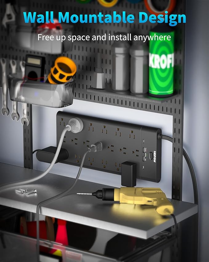 Flat Plug Power Strip, Surge Protector with 19 Outlets and 4 USB Ports, HOPOW 6 Ft Heavy Duty Extension Cord, 1875W, 2100J Surge Protection, Wall Mount for Home, Office, Gaming Room, Dorm, Black-DeskLoop Office