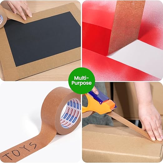 ADHES Kraft Paper Tape, 2 Inch x 60 Yards x 12 Rolls, Biodegradable Paper Packing Tape Writable & Uncoated Brown Shipping Tape for Shipping, Moving, Sealing-DeskLoop Office