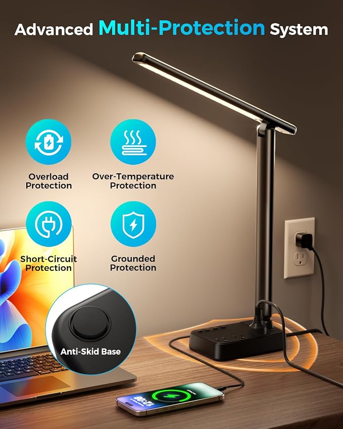 LED Desk Lamp with Power Strip, 3 AC Outlets & 4 USB Ports, Stepless Dimming & - Image 5
