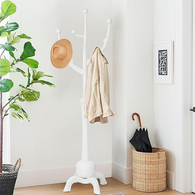 Coat Rack, Solid Wood Coat Racks Stand, Free Standing Coat Rack Coat Hanger with Hooks for Jaceket, Winter Coats, Entryway, Hallway, Bedroom - Load 160lbs (White)-DeskLoop Office