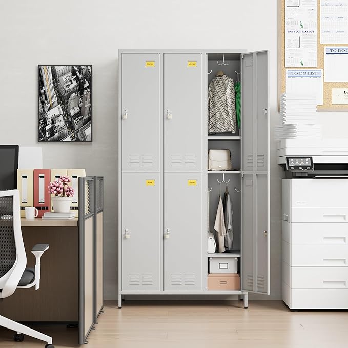 6 Doors Metal Locker with Business Card Holder,Metal Locker for Employees with 18 Hooks for School Garage Office Gym Home,Assembly Required,Light Grey-DeskLoop Office