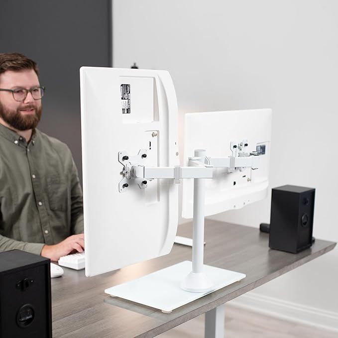 VIVO Freestanding Dual Monitor Stand with Sleek Glass Base and Adjustable Arms, Mounts 2 Screens up to 32 inch and 22 lbs Each, White, STAND-V002FGW-DeskLoop Office