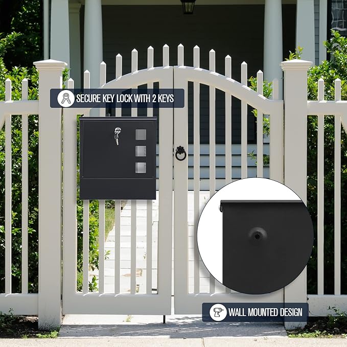 KYODOLED Locking Mailbox Wall Mount, Locked Mail Boxes, Mailbox with Key Lock for Outside, Large Capacity Drop Box for Newspapers, 13 x 3.4 x 11.8 Inch, Black-DeskLoop Office