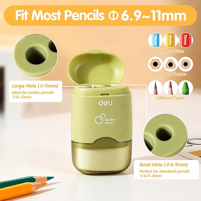 Deli Pencil Sharpener & Eraser, 4 Pack Pencil Sharpeners Manual, Dual Holes - Image 4