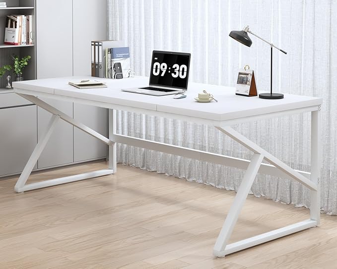 HSH 70 Inch Long White Computer Desk, Modern Large Executive Work Writing Study Gaming Desk for Home Office, Industrial Metal Wooden Two Person Desk Dual Monitor Workstation in Bedroom Living Room-DeskLoop Office