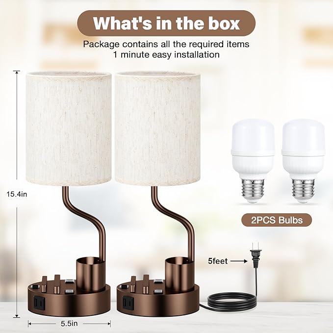 Bedside Table Lamps for Bedroom Set of 2 - Image 6