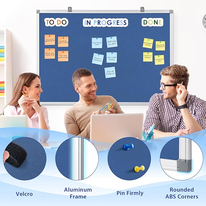 Felt Bulletin Big Vision Pin Board Notice Booard Wall-Mount Organization for Photo Message Velcro,Blue,48x36inches-DeskLoop Office