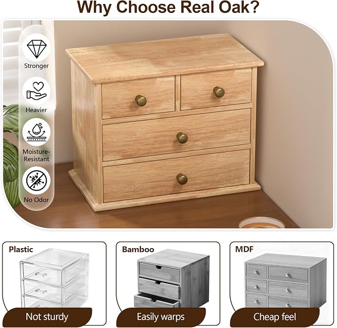 Oak Desk Organizer with Drawers, Wooden Desktop Storage Box with Metal Handles - Image 3