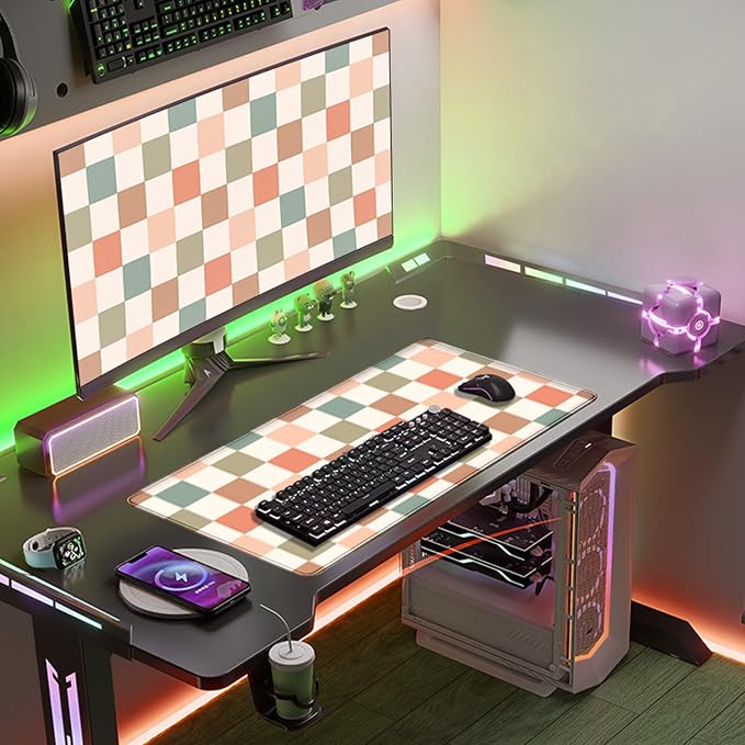 Boho Checkered Desk Mat, Retro Beige Plaid Mouse Pad Xl-31.5x15.7in-Pastel Desk - Image 2