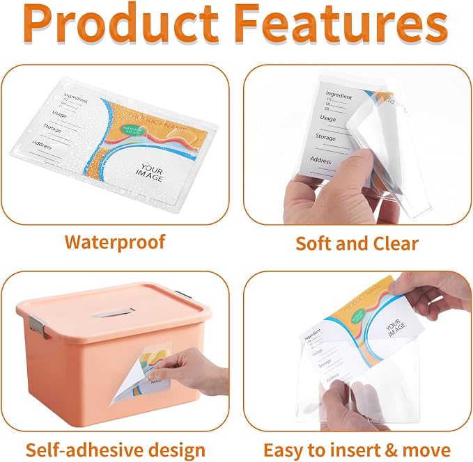 44 Pack Storage Bins Labels, 4x6 Photo Sleeves, Plastic Adhesive Pockets - Image 2