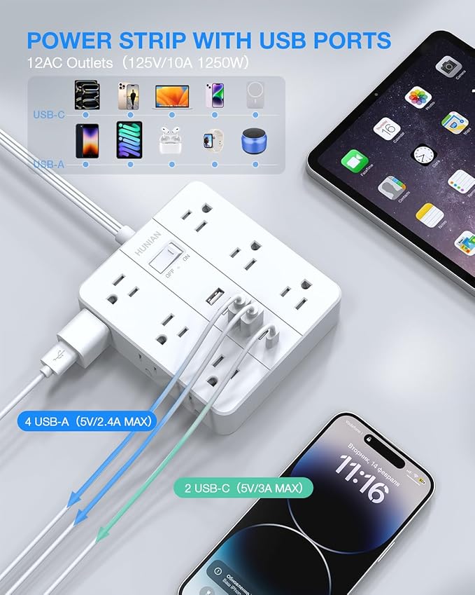 Flat Plug Power Strip Surge Protector, Flat Extension Cord Indoor 20 Feet， HUNIAN 12 Widely Spaced Outlets with 6 USB (2 USB C Ports), Desk Charging Station for Home Office Supplies, White-DeskLoop Office