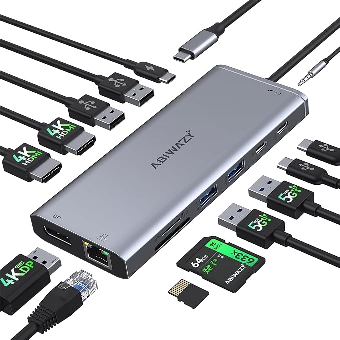 USB C Hub USB-C Docking Station Dual Monitor 14 in 1 Triple Display Multiport Adapter with 2 HDMI+DP+7 USB Type C/A Ports+Ethernet+Audio, USBC Dongle for Dell/HP/Lenovo ThinkPad/Surface(Grey)-DeskLoop Office