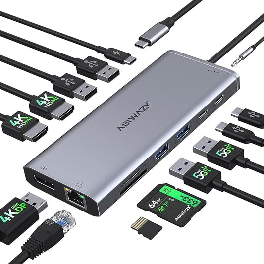 USB C Hub USB-C Docking Station Dual Monitor 14 in 1 Triple Display Multiport Adapter with 2 HDMI+DP+7 USB Type C/A Ports+Ethernet+Audio, USBC Dongle for Dell/HP/Lenovo ThinkPad/Surface(Grey)-DeskLoop Office