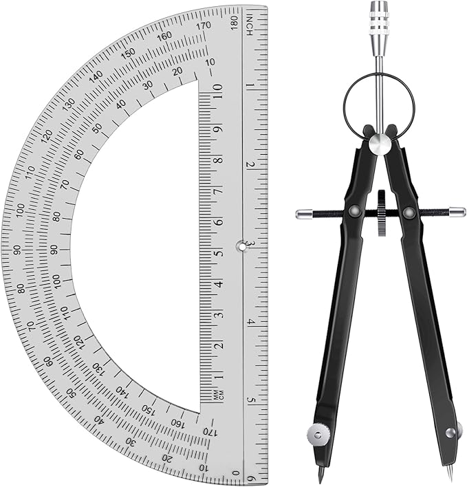 EBOOT Student Geometry Math Set, Drawing Compass and 6 Inch Clear Swing Arm Protractors 180 Degree Math Protractor (Black and Black)-DeskLoop Office
