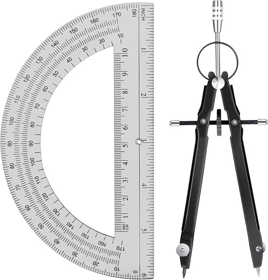 EBOOT Student Geometry Math Set, Drawing Compass and 6 Inch Clear Swing Arm Protractors 180 Degree Math Protractor (Black and Black)-DeskLoop Office