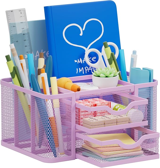 Marbrasse Mesh Desk Organizer, Pen Holder with 2 Drawer, Multi-Functional Pencil Holder, Desk Organizers and Accessories with 5 Compartments + Drawer for Office Art Supplies (Purple)-DeskLoop Office
