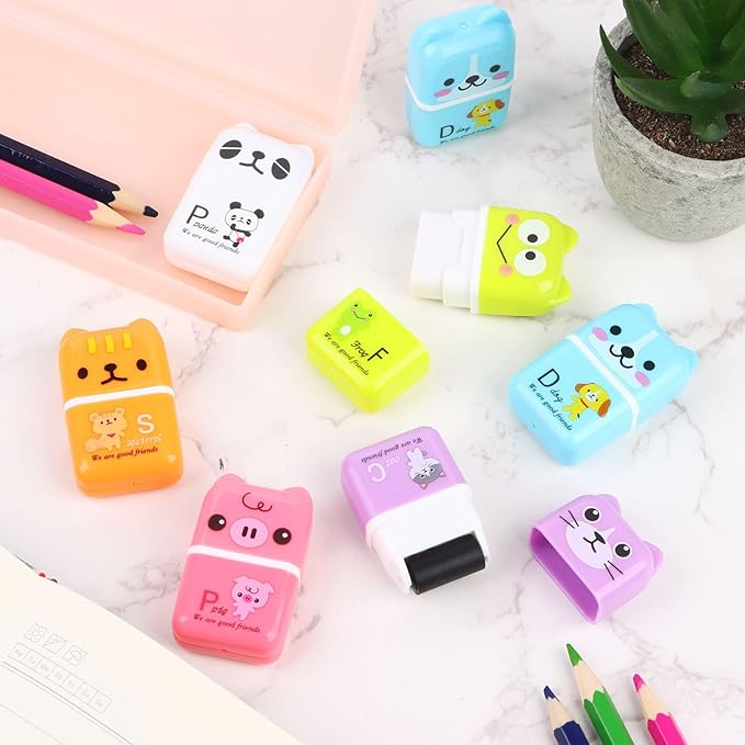 36 Pieces Erasers for Kids Cute Animal Cartoon Eraser with Cover and Roller Cases 6 Patterns Soft Pencil Rubber for Office Back to School Gifts Supplies Animals Themed Fun Party Favor-DeskLoop Office
