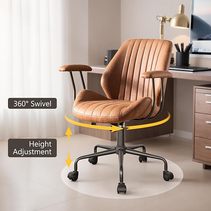 Mid Century Modren Office Chair - Mid Back Swivel Executive Chair with Lumbar Support,Ergonomic Computer Desk Chair with Wheels,Faux Lether Suede Task Chair,350lbs (Brown, Mid Back)-DeskLoop Office