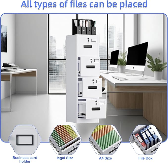 4 Drawer File Cabinet, Metal Vertical File Storage Cabinet with Lock, Office Home Steel Vertical File Cabinet for A4 Letter/Legal Size, 14.96" W x 17.72" D x 55.2" H, Assembly Required-DeskLoop Office