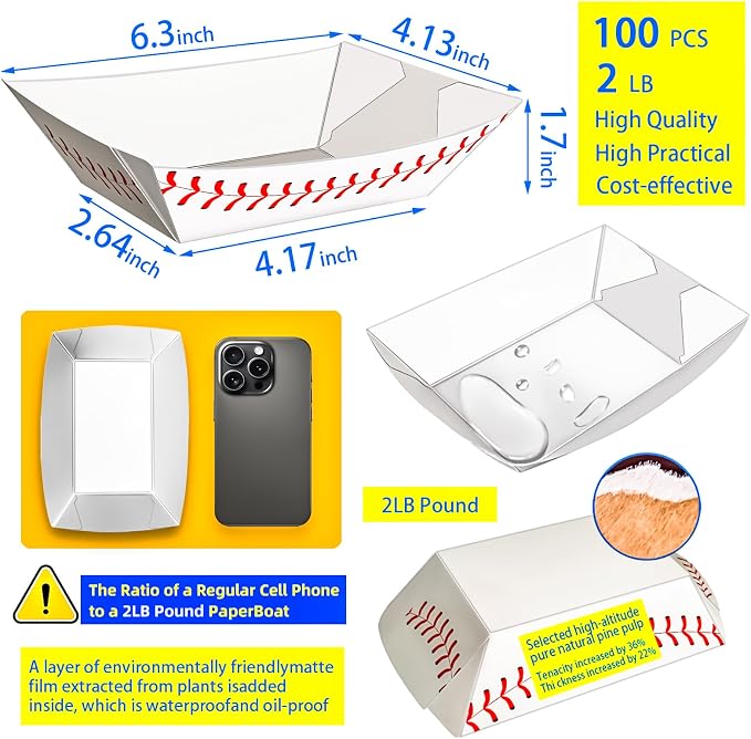 100Pack 2Lb Paper Food Boat Trays, Baseball Birthday Decorations Baseball Party - Image 2