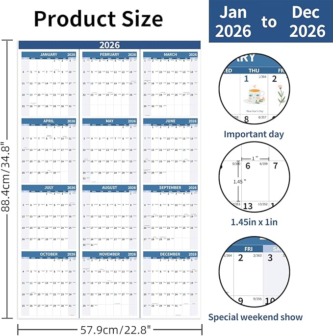 2026 Wall Calendar 34.8" x 22.8" Large Vertical Yearly Wall Hanging Calenda with Julian Date Thick Paper Calendar 12 Month Annual Wall Planner for Wall Office Fridge(Blue)
