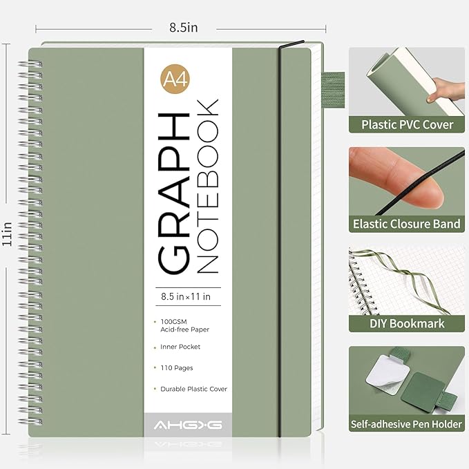 AHGXG Graph Paper Notebook - Spiral Notebook 8.5" x 11", A4 Large Graph Notebook, 100 gsm Thick Grid Paper, Waterproof Plastic Cover Journals for School Writing Engineering Math, Sage Green-DeskLoop Office