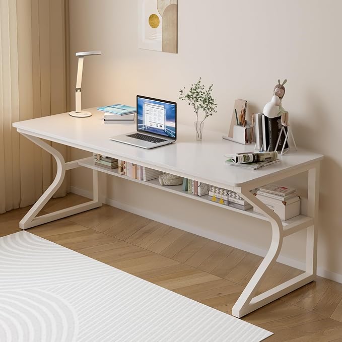 Extra Long Desk with Bookshelf - 63" Double Long Writing Table for 2-Person Workstation, Modern Study Work Computer Desk for Home and Office, Warm White-DeskLoop Office