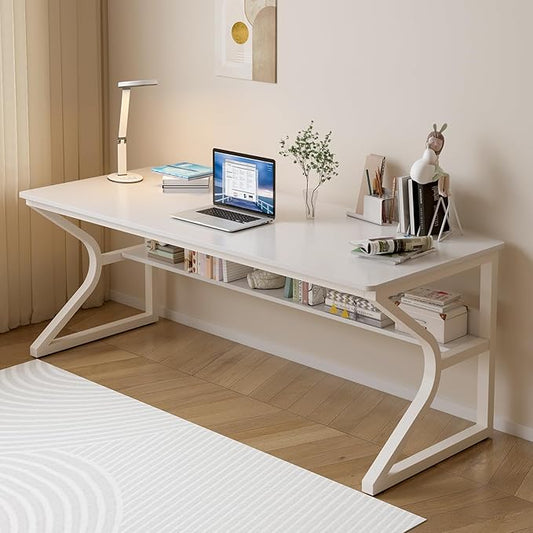 Extra Long Desk with Bookshelf - 63" Double Long Writing Table for 2-Person Workstation, Modern Study Work Computer Desk for Home and Office, Warm White-DeskLoop Office