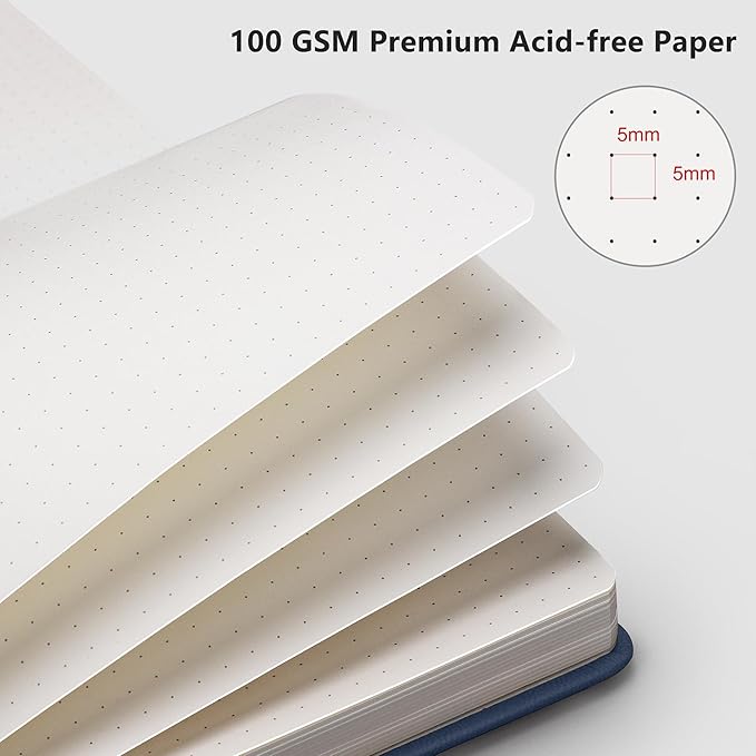 RETTACY Bullet Dotted Journal Notebook, 192 Pages, A5 Medium Size (5.7'' x 8.3''), Leather Hardcover, 100 GSM Thick Paper, for Bullet Journaling, Planning, Tracking (Navy Blue)-DeskLoop Office