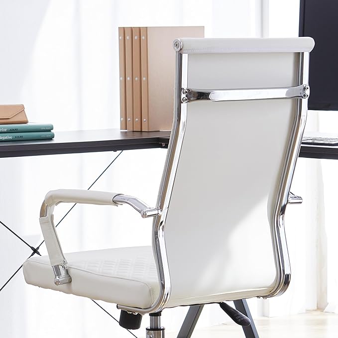 Livinia Modern Executive Office Chair with Patterned Back Design, Chrome & Leather Swivel Chair with High Back, Adjustable Height, Removable Armrests, and Wheels for Home Office (White(Chrome))-DeskLoop Office