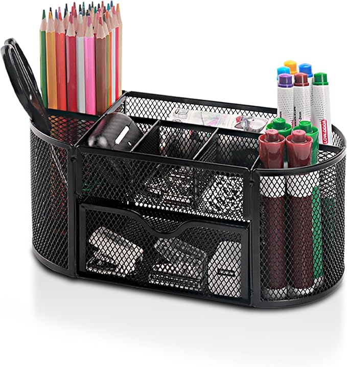 Comix Mesh Pen Pencil Holder Desk Organizer, 8 Compartment and 1 Drawer Wire by Comix