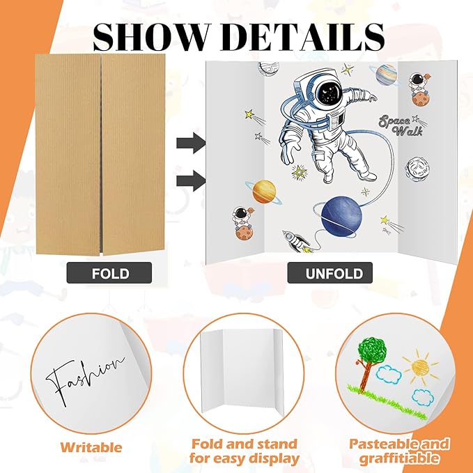 4 Pcs Trifold Display Board 36"x 48" Large White Presentation Board with Board Headers 4 Science Subtitles 32 Black Edge Self Adhesive Paper Poster Board for School Projects and Business Presentations-DeskLoop Office