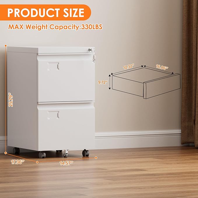 2 Drawers Mobile File Cabinet, Metal Under Desk Cabinet with Lock, for Office & Home, Legal/Letter Size, W14.57”x D17.36”x H25.79”, Assembly Required(White)-DeskLoop Office