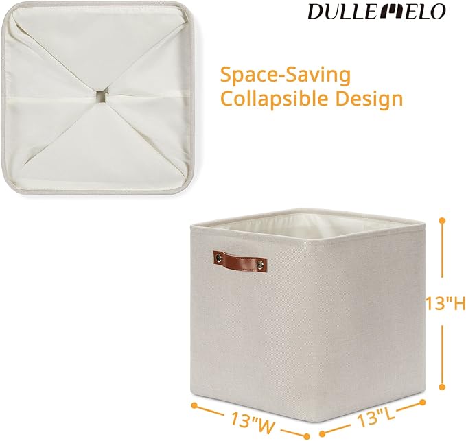 DULLEMELO Storage Bins, 4 Pack Of 13x13x13 Decorative Storage Cube Bins Suit Office, Home, Shelves And Closet, Cube Storage Bin with Leather handle(4 Pack - 13" Beige)-DeskLoop Office