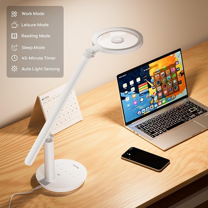 HONEYWELL Desk Lamp for Home Office, H6 Sunturalux™ Eye-Caring Led Desk Light, 800LM Dimmable Desk Lamp with Timer, Touch Control Tall Desk Reading Light, Table Lamp for Circle Webcam, Study, Bedroom-DeskLoop Office