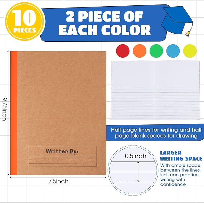 Henoyso 10 Pcs Primary Composition Notebook 9 3/4 x 7 1/2 Inch Kids Journal, Back to School Supplies, K-2 Primary Writing Notebook for Kids Student Draw and Write Story Journal (Bright Color)-DeskLoop Office