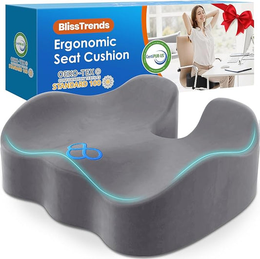 BlissTrends Seat Cushion,5.2in Thick Memory Foam Cushions for Office Chair, Car Seat, Airplane, Relieving Pressure Tailbone Sciatica Back Pain for Long Sitting Office Workers, Car Drivers LightGrey-DeskLoop Office