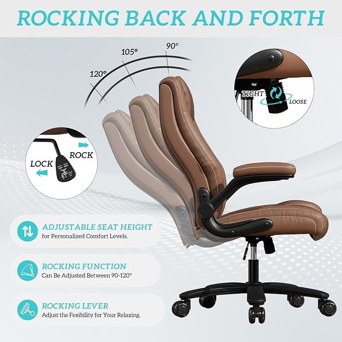 GYI O205P High Back Executive Office Chair, Big and Tall Office Chair 400LBS with Rubber Wheels,Ergonomic Adjustable Computer Desk Chairs with Padded Flip-up Armrests,Lumbar Support (Brown)-DeskLoop Office