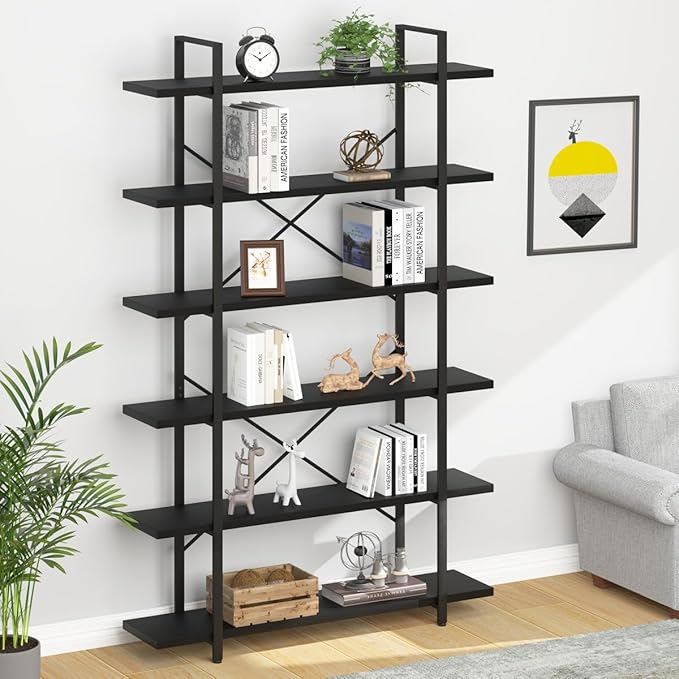 HSH 6 Tier Tall Black Bookshelf, Modern Large Storage Book Shelves & Display Book Shelf,Industrial Open Vertical Metal and Wood Black Bookcases 6 Shelf for Bedroom Living Room Office, Black Oak-DeskLoop Office