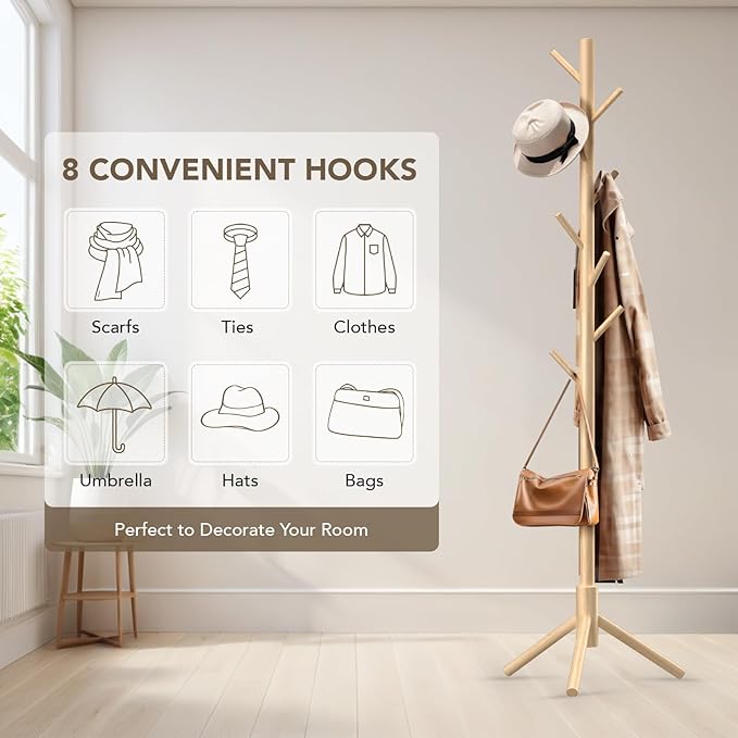 Wooden Tree Coat Rack Stand,Sturdy Freestanding Coat Rack with 8 Hooks,3 Adjustable Height for Child Adult,Wood Coat Stand Tree Fits Entryway Bedroom Office for Bags,Hats-DeskLoop Office