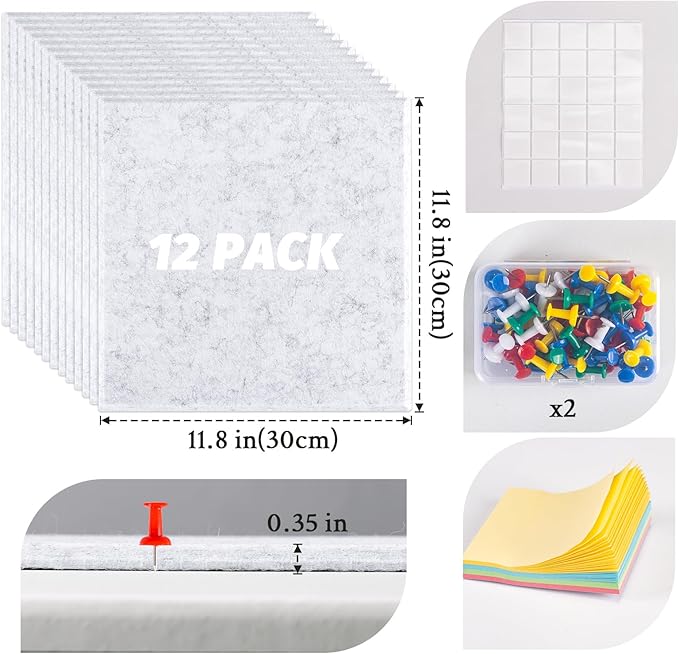 Large Cork Board Alternative, 12 Pack Felt Board with Safe Removable Adhesive Tabs Felt Wall Tiles, Large Cork Boards for Walls, Cork Board for Home Office, Pin Boards for Walls, Marble White-DeskLoop Office