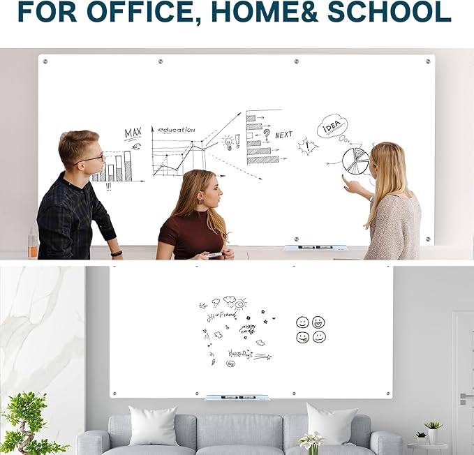 J&J worldwide Glass Whiteboard, Magnetic Brilliance White Glass Dry Erase Board 8' x 4', Includes Markers, Marker Tray, Eraser for Wall, Office, Home, School-DeskLoop Office
