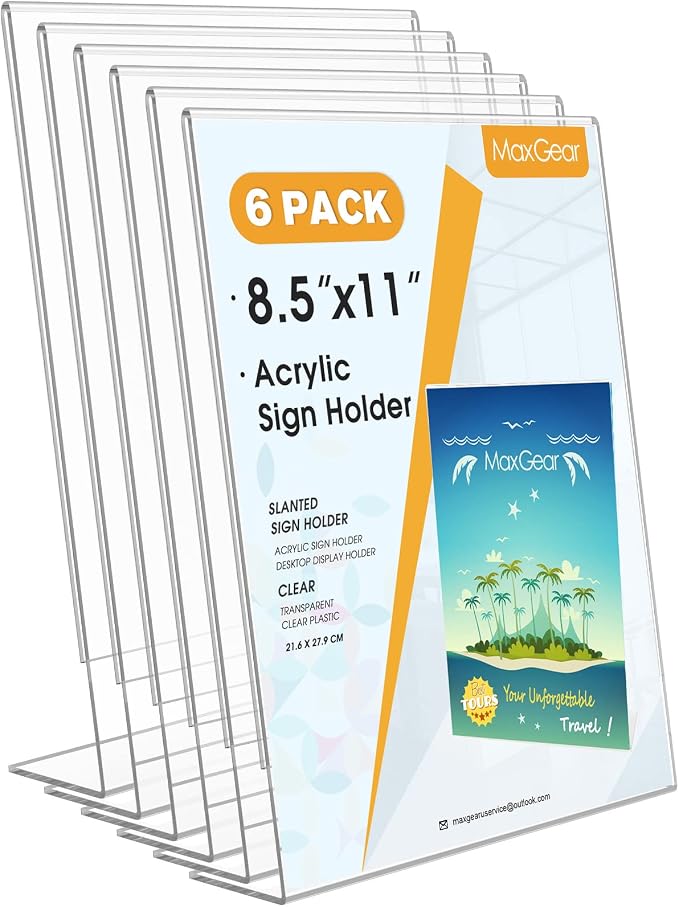 MaxGear Acrylic Sign Holder, 8.5 x 11 L-Shape Plastic Display Stand, 6 Pack | by MaxGear