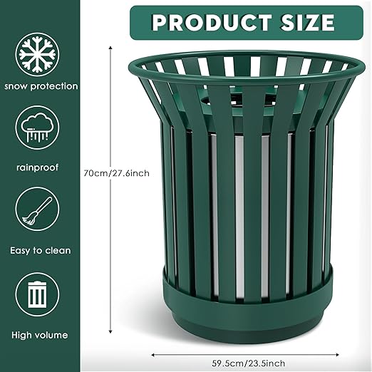 27.6IN Round Large Outdoor Trash Can, Heavy Duty Metal Slatted Garbage Can Outdoor, All Weather Resistant Commercial Garbage Cans, Waste Receptacle in Park, School, Beach, Patio, Green-DeskLoop Office