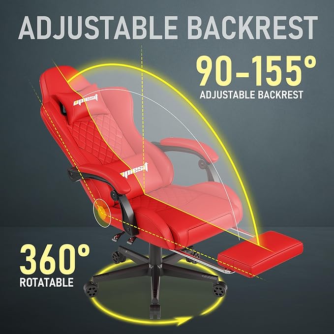 Gaming Chair,Ergonomic Computer Chairs for Adults with Footrest, PU Leather Office Chair with Adjustable Lumbar Support & Pocket Spring Cushion - Heavy Duty 400lb Capacity Gamer Chair (Red)-DeskLoop Office