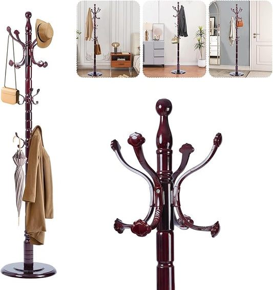 Solid Wood Coat Rack – 72" Freestanding Coat Racks Stand with 14 Hooks & Stable Base, Adjustable Height Modern Wooden Hall Tree for Entryway, Bedroom, Office, Home (Mahogany Lucky Hook)-DeskLoop Office