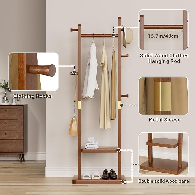 Solid Wood Coat Rack, Coat Rack Freestanding with 2 Shelves and 5 Hooks, Heavy Duty Coat Tree for Entryway，Living room，Coat Hanger Stand for Hats, Bags (Walnut Brown)-DeskLoop Office