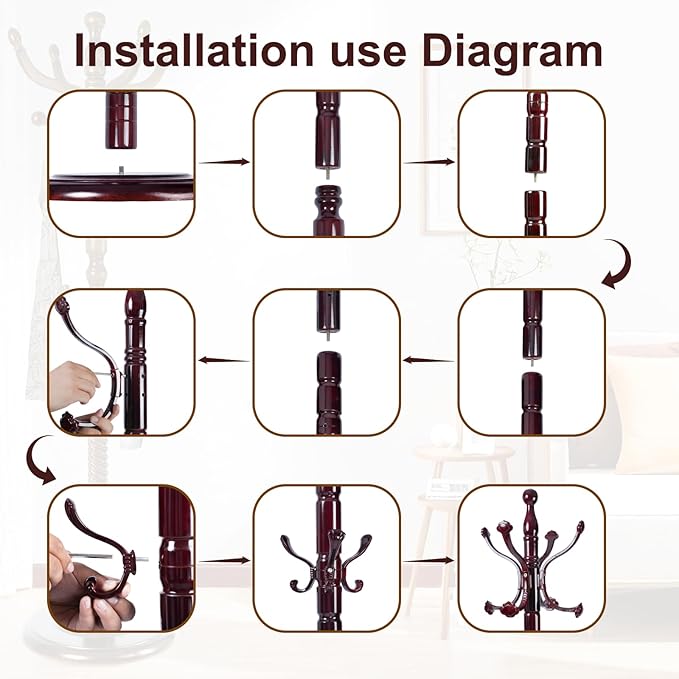 Solid Wood Coat Rack – 72" Freestanding Coat Racks Stand with 14 Hooks & Stable Base, Adjustable Height Modern Wooden Hall Tree for Entryway, Bedroom, Office, Home (Mahogany Lucky Hook)-DeskLoop Office