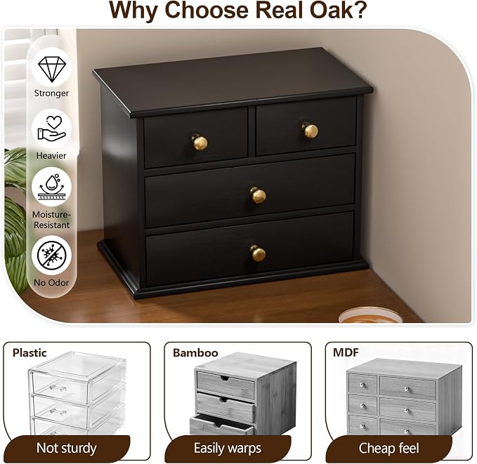 Oak Desk Organizer with Drawers, Durable Wooden Desktop Storage Box with Metal - Image 3